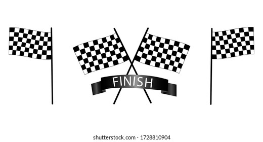 Race Finish Flag Vector. Car speed dial start sign at rally. Set of black and white checkered flag icons. Black ribbon with white finish. Stock Photo.