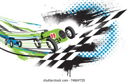 Race to the Finish Line. Abstract illustration of two vintage race cars going across the finish line.