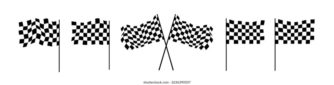 Race flag 3d at finish line with car, banner, and rally design. Speed vector shows checkered wave texture with start and motor icons. Retro road graphic with winner signal on formula track grid.