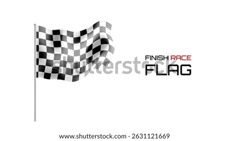 Race flag 3d waving on pole at car finish line. Rally speed vector with checkered texture, start element. Motor road pattern symbolizing end of competition or motorsport victory