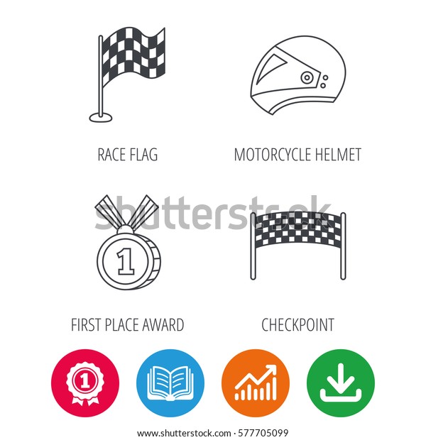Race flag, checkpoint and\
motorcycle helmet icons. Winner award medal linear signs. Award\
medal, growth chart and opened book web icons. Download arrow.\
Vector