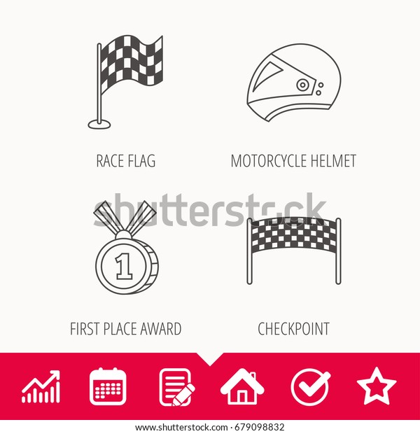 Race flag, checkpoint
and motorcycle helmet icons. Winner award medal linear signs. Edit
document, Calendar and Graph chart signs. Star, Check and House web
icons. Vector