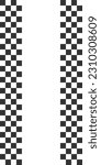 Race flag or chessboard vertical banner with copyspace. Black and white squares pattern. Motocross, rally, sport car competition background with checkered texture. Vector illustration