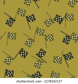 Race flag engraved seamless pattern. Vintage sport elements for drive in hand drawn style. Sketch texture for fabric, wallpaper, textile, print, title, wrapping paper. Vector illustration.
