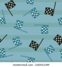 Bandera racial grabada en un patrón sin fisuras. Elementos deportivos vintage para conducir a mano. Esbozar textura para tela, papel pintado, textil, impresión, título, papel envolvente. Ilustración vectorial.