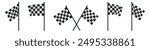 Race flag. Finish and start checkers. Car winner. Monochrome pennant for Formula One or rally end line. Speed competition. Crossed and waving. Drive championship. Vector motocross icons set