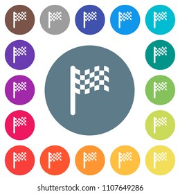 Race flag flat white icons on round color backgrounds. 17 background color variations are included.