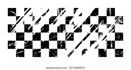 Race flag grunge background, car rally or motocross finish flag with vector checker pattern. Grunge race flag for car racing sport or bike speedway, motorsport