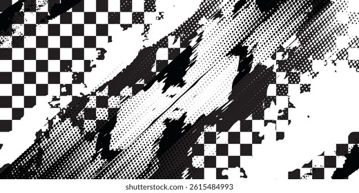 Race flag grunge background, car rally or motocross finish flag with vector checker pattern. Grunge race flag for car racing sport or bike speedway, motorsport