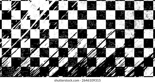 Race flag grunge background, car rally or motocross finish flag with vector checker pattern. Grunge race flag for car racing sport or bike speedway, motorsport