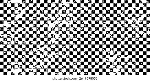 Race flag grunge background, car rally or motocross finish flag with vector checker pattern.
