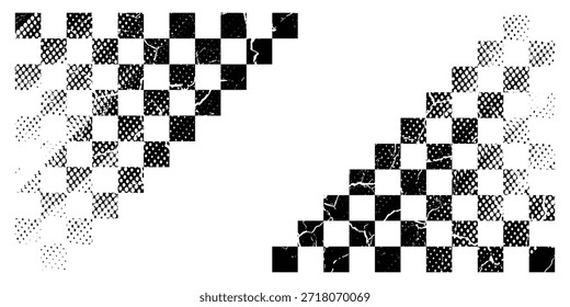 Bandera de carrera fondo grunge, rally de coches o final de motocross con patrón de Vector a cuadros. Bandera de la carrera del grunge para el deporte de carreras de coches o el speedway de la bici, motorsport