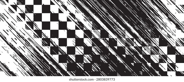 Race flag grunge background, car rally or motocross finish flag with vector checker pattern. Grunge race flag for car racing sport or bike speedway, motorsport	