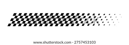 Race flag line. Black and white checker finish ribbon. Car race check grid pattern. Rally border texture. Gradient chess line. Graphic design element. Vector illustration isolated on white background.