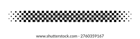 Race flag line. Black and white checker finish ribbon. Car race check grid pattern. Rally border texture. Gradient chess line. Graphic design element. Vector illustration isolated on white background.