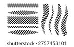 Race flag lines. Black and white checker finish ribbon. Car race grid pattern. Rally border texture. Wavy checker lines. Chess graphic design element. Vector illustration isolated on white background.
