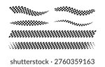 Race flag lines. Black and white checker finish ribbon. Car race grid pattern. Rally border texture. Wavy and gradient checker lines. Design element. Vector illustration isolated on white background.