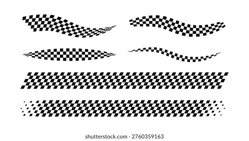 Race flag lines. Black and white checker finish ribbon. Car race grid pattern. Rally border texture. Wavy and gradient checker lines. Design element. Vector illustration isolated on white background.