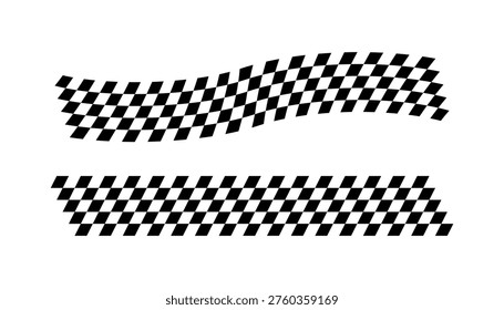Race flag lines. Black and white checker finish ribbon. Car race grid pattern. Rally border texture. Wavy checker lines. Chess graphic design element. Vector illustration isolated on white background.