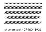 Race flag lines set. Black and white checker finish ribbon. Car race check grid pattern. Rally border abstract texture. Graphic design element. Vector illustration isolated on white background.
