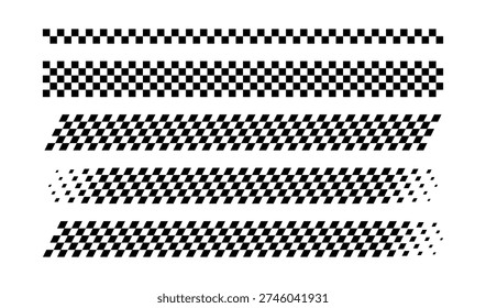 Race flag lines set. Black and white checker finish ribbon. Car race check grid pattern. Rally border abstract texture. Graphic design element. Vector illustration isolated on white background.