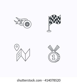 Race flag, map and winner award icons. First place medal, wheel on fire linear signs. Flat linear icons on white background. Vector