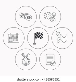 Race flag, map and winner award icons. First place medal, wheel on fire linear signs. Check file, calendar and cogwheel icons. Vector