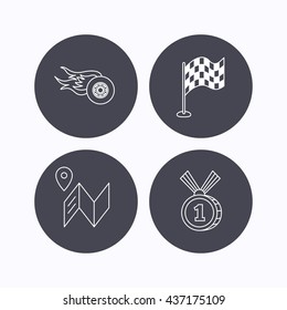 Race flag, map and winner award icons. First place medal, wheel on fire linear signs. Flat icons in circle buttons on white background. Vector