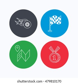 Race flag, map and winner award icons. First place medal, wheel on fire linear signs. Linear icons on colored buttons. Flat web symbols. Vector