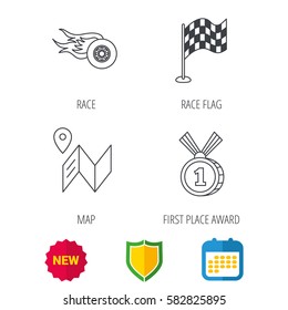 Race flag, map and winner award icons. First place medal, wheel on fire linear signs. Shield protection, calendar and new tag web icons. Vector
