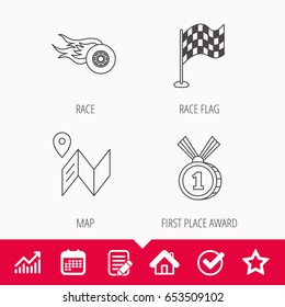 Race flag, map and winner award icons. First place medal, wheel on fire linear signs. Edit document, Calendar and Graph chart signs. Star, Check and House web icons. Vector