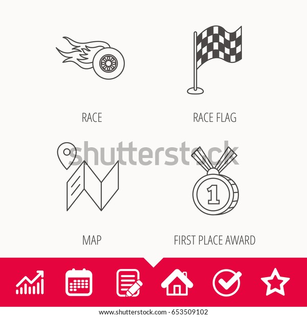 Race flag, map and\
winner award icons. First place medal, wheel on fire linear signs.\
Edit document, Calendar and Graph chart signs. Star, Check and\
House web icons. Vector