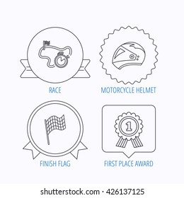 Race flag, motorcycle helmet and award medal icons. Start or finish flag linear sign. Award medal, star label and speech bubble designs. Vector