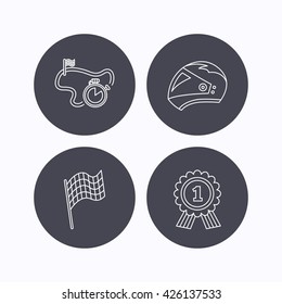 Race flag, motorcycle helmet and award medal icons. Start or finish flag linear sign. Flat icons in circle buttons on white background. Vector