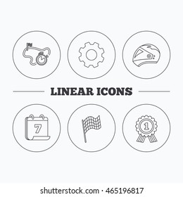 Race flag, motorcycle helmet and award medal icons. Start or finish flag linear sign. Flat cogwheel and calendar symbols. Linear icons in circle buttons. Vector