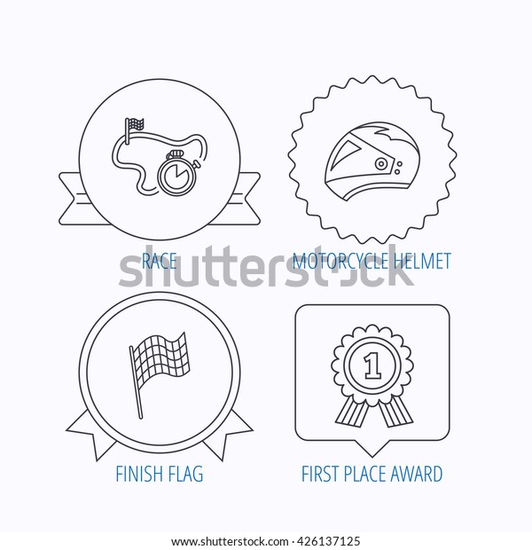 Race flag, motorcycle helmet and award medal
icons. Start or finish flag linear sign. Award medal, star label
and speech bubble designs.
Vector