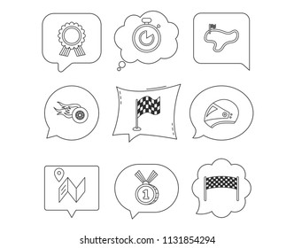 Race flag and speed icons. Winner medal, motorcycle helmet and timer linear signs. Map navigation flat line icons. Linear Speech bubbles with icons set. Comic chat balloon. Vector
