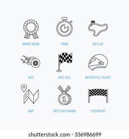 Race flag and speed icons. Winner medal, motorcycle helmet and timer linear signs. Map navigation flat line icons. Linear set icons on white background.