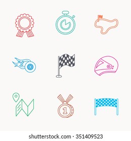 Race flag and speed icons. Winner medal, motorcycle helmet and timer linear signs. Map navigation flat line icons. Linear colored icons.