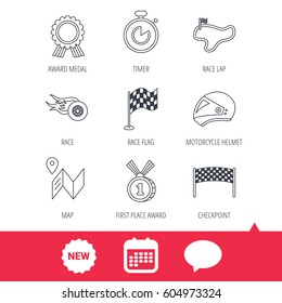 Race flag and speed icons. Winner medal, motorcycle helmet and timer linear signs. Map navigation flat line icons. New tag, speech bubble and calendar web icons. Vector