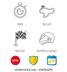 Race flag, timer and motorcycle helmet icons. Race lap linear sign. Shield protection, calendar and new tag web icons. Vector