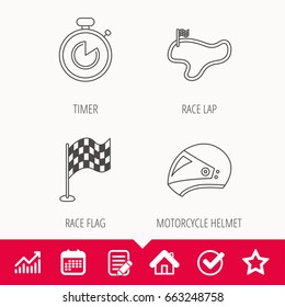 Race flag, timer and motorcycle helmet icons. Race lap linear sign. Edit document, Calendar and Graph chart signs. Star, Check and House web icons. Vector