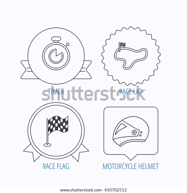 Race flag, timer and motorcycle helmet icons. Race\
lap linear sign. Award medal, star label and speech bubble designs.\
Vector