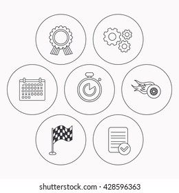 Race flag, winner medal and timer icons. Wheel on fire linear sign. Check file, calendar and cogwheel icons. Vector