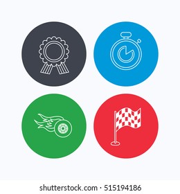 Race flag, winner medal and timer icons. Wheel on fire linear sign. Linear icons on colored buttons. Flat web symbols. Vector