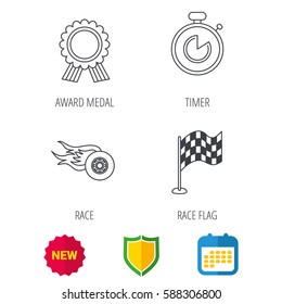 Race flag, winner medal and timer icons. Wheel on fire linear sign. Shield protection, calendar and new tag web icons. Vector