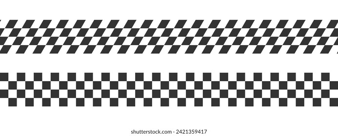 Race flags or checkerboard backgrounds. Chess game or rally sport car competition wallpaper. Slanted black and white squares pattern. Banners with checkered texture. Vector flat illustration