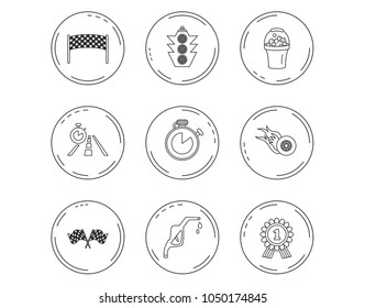 Race flags and speed icons. Winner medal, checkpoint and traffic lights linear signs. Timer and petrol station flat line icons. Linear Circles web buttons with icons. Vector