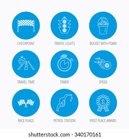 Race flags and speed icons. Winner medal, checkpoint and traffic lights linear signs. Timer and petrol station flat line icons. Blue circle buttons set. Linear icons.