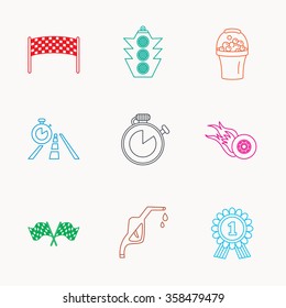 Race flags and speed icons. Winner medal, checkpoint and traffic lights linear signs. Timer and petrol station flat line icons. Linear colored icons.
